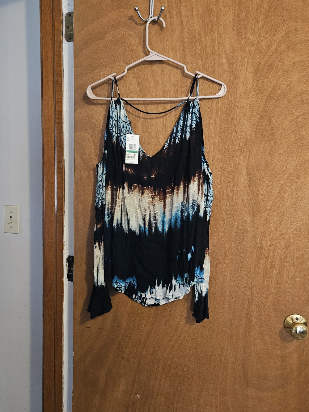 Jessica Simpson Black Tie-Dye Cold Shoulder Camisole with Blue and Cream Accents